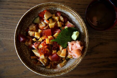 Sushi don , raw sushi salmon tuna octopus and egg on rice , Japanese foodの写真素材