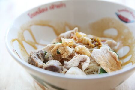 Beef with Fine Cut White Rice Noodle on Thicken Soup , Thai foodの写真素材