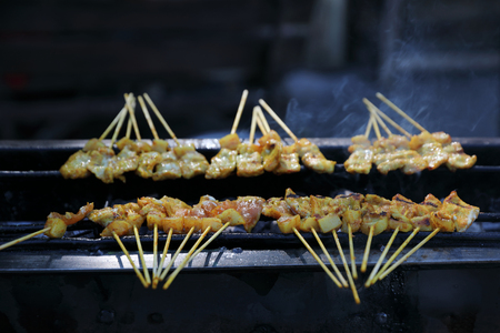 Roasting satays on coal grill , Asian foodの写真素材