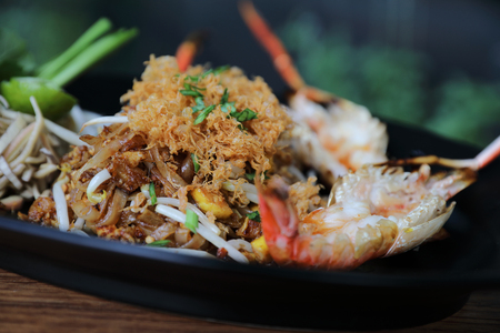 Shrimp pad thai noodles with shrimps on top , Thai foodの写真素材