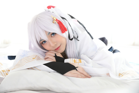 Japan anime cosplay , white japanese miko in white tone roomの写真素材