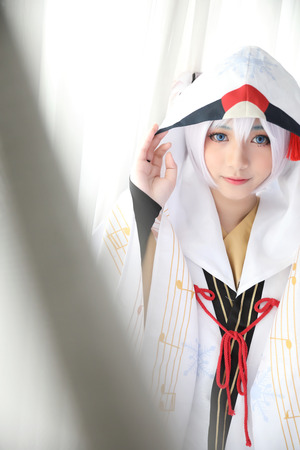 Japan anime cosplay , white japanese miko in white tone roomの写真素材