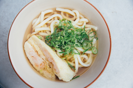 Udon noodles with fried shrimp tempura Japanese foodの写真素材