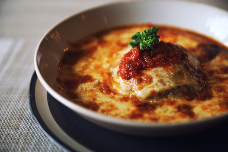 Homemade Beef Meat lasagna on dish in restaurant , Italian foodの写真素材