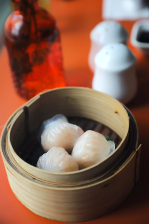 Dim sum on wood basket , Chinese foodの写真素材