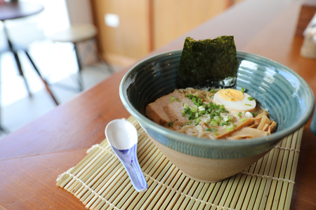 Ramen Japanese noodle soup food with noodle pork egg seaweedの写真素材