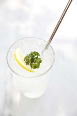 Lemonade , lemon drink with ice on tableの写真素材