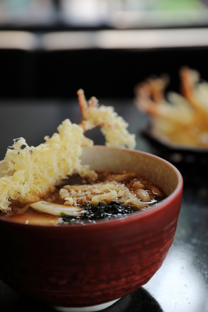 Udon noodles with fried shrimp tempura Japanese foodの写真素材