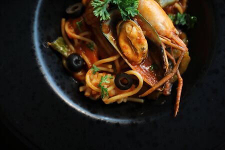 Spaghetti with seafood and tomato sauceの写真素材