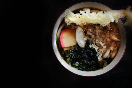 Udon noodles with fried shrimp tempura Japanese foodの写真素材
