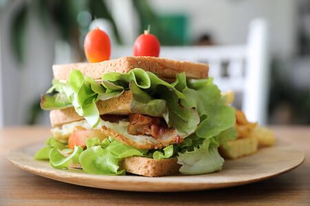 Club sandwich with ham, bacon, tomato,  cheese, eggs and fried on wood backgroundの写真素材
