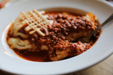 Homemade Beef Meat lasagna on dish in restaurant , Italian foodの写真素材