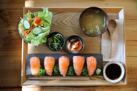 Salmon Sushi with soup salad Japanese local foodの写真素材