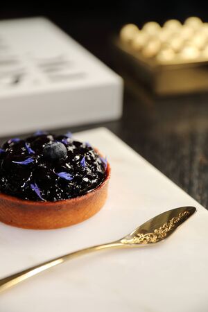 Blueberry cheese cake tart in close up