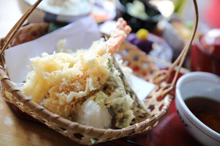 Tempura Fried shrimp Japanese food on wood backgroundの写真素材
