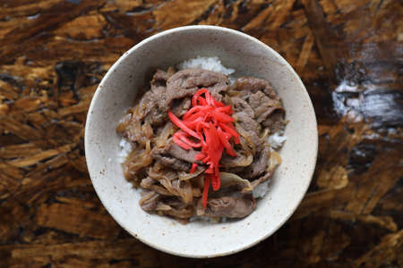 Gyudon Japanese beef rice bowl in close up Japanese local food