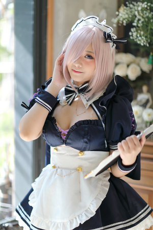 Japan anime cosplay portrait of girl with comic maid costumeの写真素材