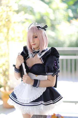 Japan anime cosplay portrait of girl with comic maid costumeの写真素材