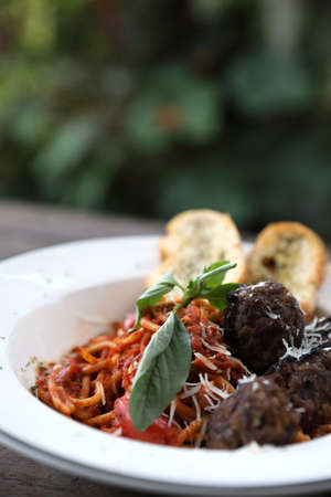 Spaghetti Meatballs on wood backgroundの写真素材