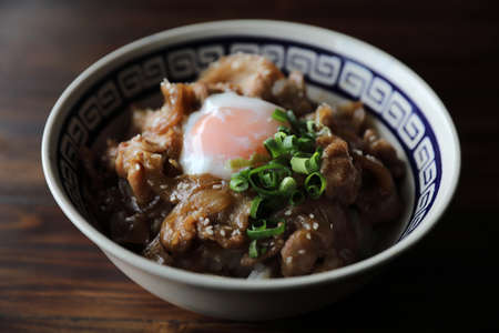 pork rice bowl with egg on wood backround japanese local food butadonの写真素材