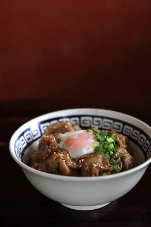 pork rice bowl with egg on wood backround japanese local food butadonの写真素材
