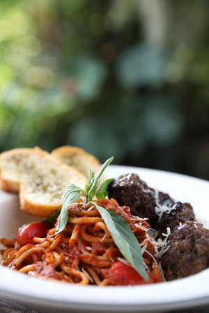 Spaghetti Meatballs on wood backgroundの写真素材