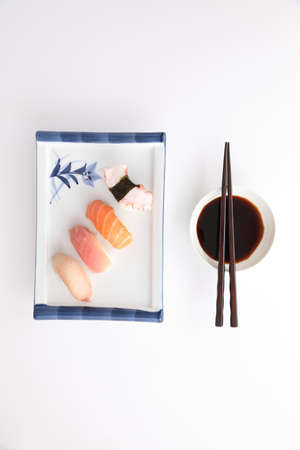 Sushi mix Japanese food sushi salmon tuna octopus eel and sea bass japan local food isolated in white backgroundの写真素材