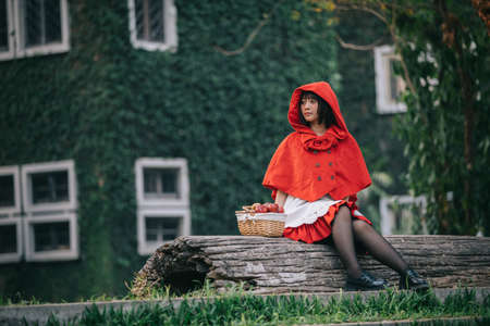 Portrait young woman with Little Red Riding Hood costume with apple and bread on basket sitting in green tree park backgroundの写真素材