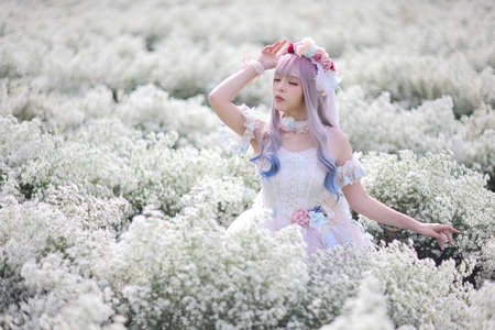 Rear view of Asian woman wearing white lolita dress in white flower parkの写真素材