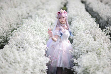 Rear view of Asian woman wearing white lolita dress in white flower parkの写真素材