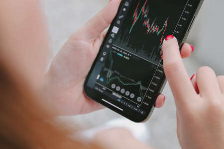 Female hand with smartphone trading stocks online in coffee shop Business concept