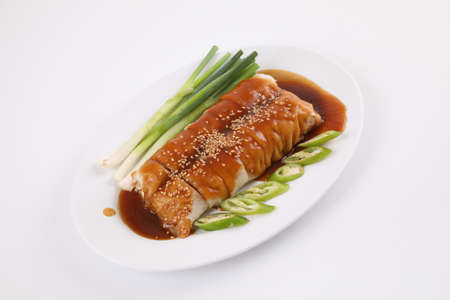 Spring Roll also known as Egg Roll local thai food isolated in white backgroundの写真素材