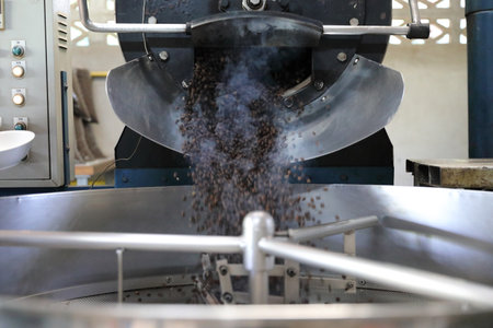 Coffee beans roasting with machine in close up