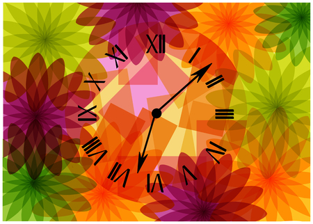 Vintage vector illustration of clock face with numbers and clock wises on beautiful floral backgoundのイラスト素材