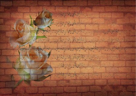 vintage collage with brick wall and rosesの写真素材