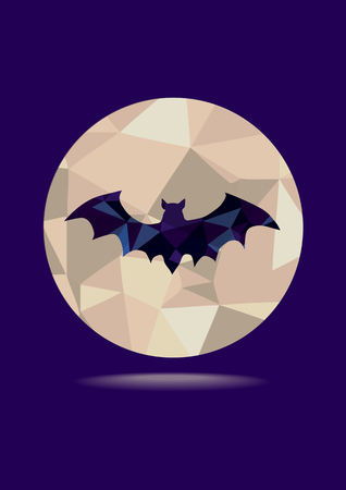 colorful vector illustration of mosaic tiles bat and full moon by night, flat design vector illustration of bat and moon trianglesのイラスト素材