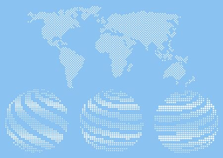color halftone world map silhouette and earth globe iconsのイラスト素材