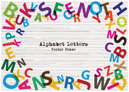 Set of bright vector alphabet letters on wooden texture background. Rainbow flat design alphabet letters collection.Alphabets frame with place for your text. Simple oval blank colorful alphabet letters frame.のイラスト素材