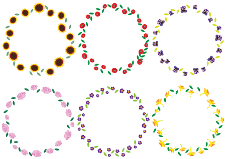 Set of beautiful flowers wreaths isolated on white background. Vintage romantic flowers frames. Bright vector beautiful spring and summer flowers wreaths.のイラスト素材