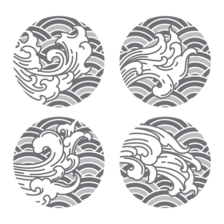 Wave Japanese oriental line style and gray wave background. Thai. Chinese. Designed in round shape and shadow in gray color. Perfect to Divider, Silk screen, Textiles, Printing, etc.のイラスト素材