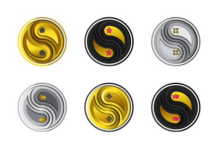 Set of symbolic flowers in Yin Yang emblem. Design in a paper cut style. Use for logo, decorative, conceptual design, artwork. Japan flowers, Thai flowers, Asian flowers.のイラスト素材