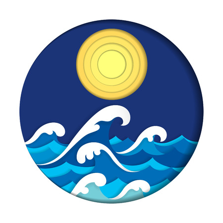 Sea and full moon vector illustration in papercut style artwork.のイラスト素材