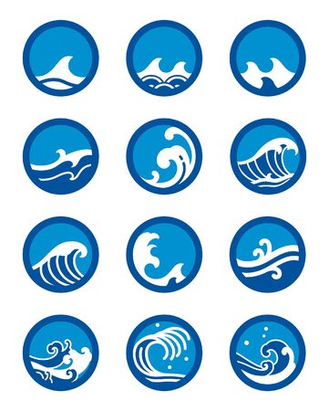 Ocean wave icon set. Modern and traditional sea wave, surf sports, tattoo.のイラスト素材