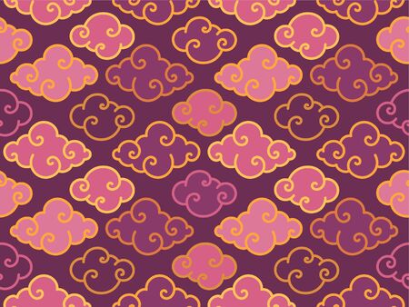 Tradition oriental clouds vector seamless pattern. Chinese and Japanese cloud symbol background. Purple and gold tonesのイラスト素材
