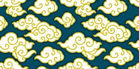 An oriental traditional chinese cloud wave islolated on night blue seamless wallpaper.Golden line. Thai. Japanese. - Vector.のイラスト素材