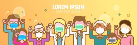 Family and doctor team power against Covid-19,Coronavirus flat design illustration. Strong and harmonious parent wearing mask for protection with hopeful hands up,show victory sign gesture together.のイラスト素材