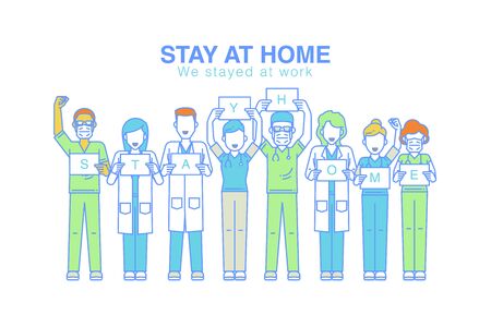 Happy doctors team stay work for people stayed home. Hands up with text "stay home" papers. Fight with Coronavirus nCov Covid-19.Flat color line design.のイラスト素材