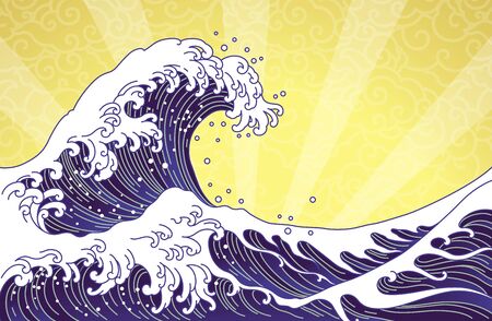 Great wave and ocean oriental style illustration isolated on  golden sunshine and  seamless clouds background. Japan waves and Chinese cloud vector.のイラスト素材