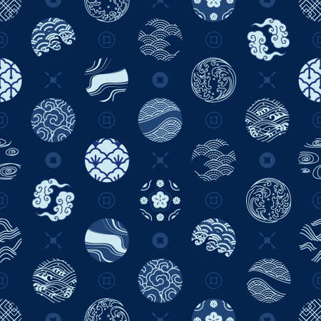 Japanese seamless pattern and wallpaper vector. Design for fabric print, cover book, background, textiles, decoration. Water wave, wind,cloud,porcelain,textiles,geometric vintage styleのイラスト素材