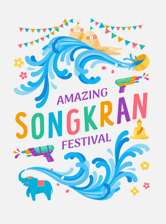 Amazing Songkran festival Thailand water splash vector illustration, Water gun and water bowl and cute elephant splashing the water celebration, Thai vintage colorful style.のイラスト素材